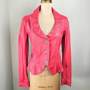 Miss Sixty | Coral Pink Ruffled Leather Cropped Peplum Jacket | Size M | NWOT